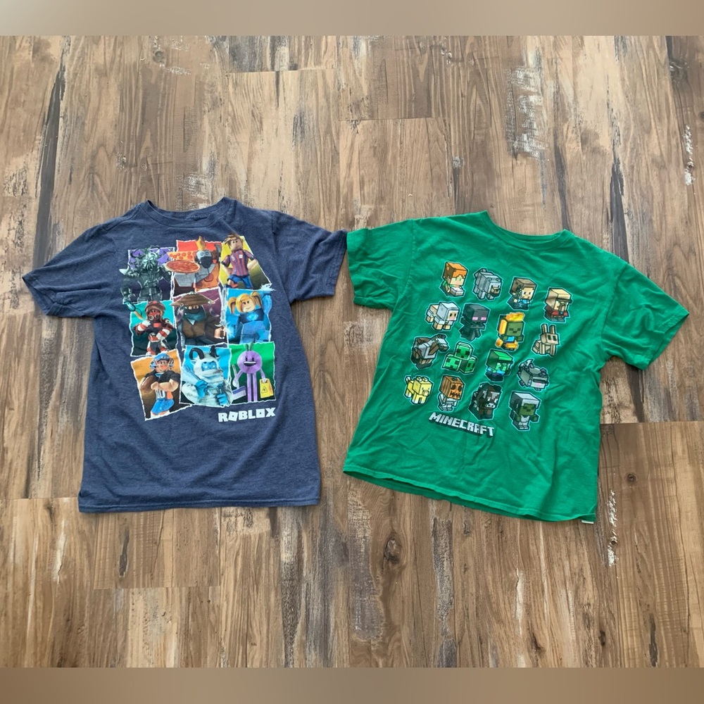 Two shirts: Roblox size L and Minecraft size M, boy, both cotton good condition